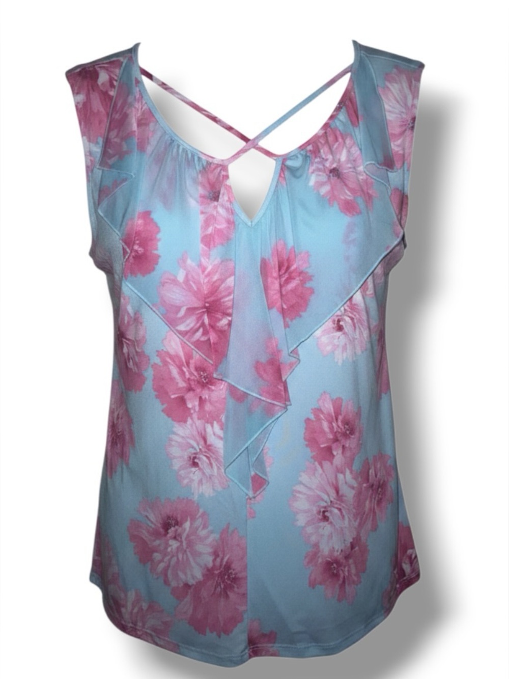 Adele & May XL Sleeveless Floral Ruffle Top - Pink Floral on Light Blue Chiffon
